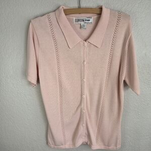 VTG Crystal Kobe Knit Top Shirt Sz M Pink Short Sleeve Collared Button Front